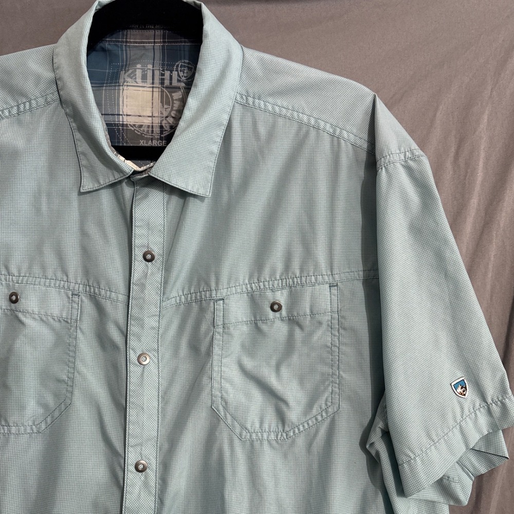 KUHL Button Down Shirt XL Light Blue Teal Gorpcore Outdoor Micro-Check